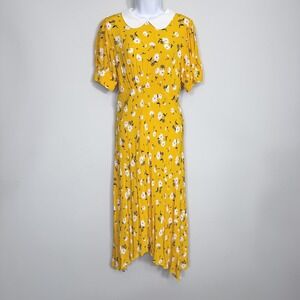 Ghost London Tiggy Dress Womens Large Yellow Daisy Midi Fit Flare Floral Cottage